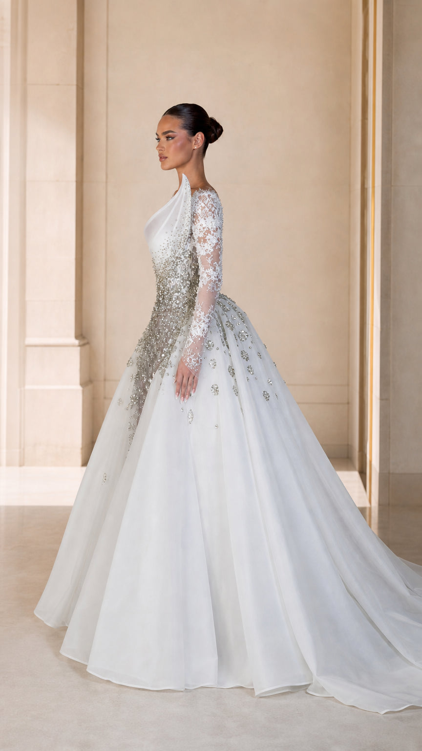 Asymmetrical Embellished Long Sleeve Evening Gown with Detachable Overskirt