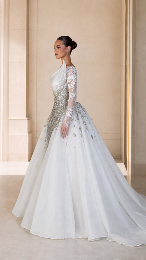 Asymmetrical Embellished Long Sleeve Evening Gown with Detachable Overskirt