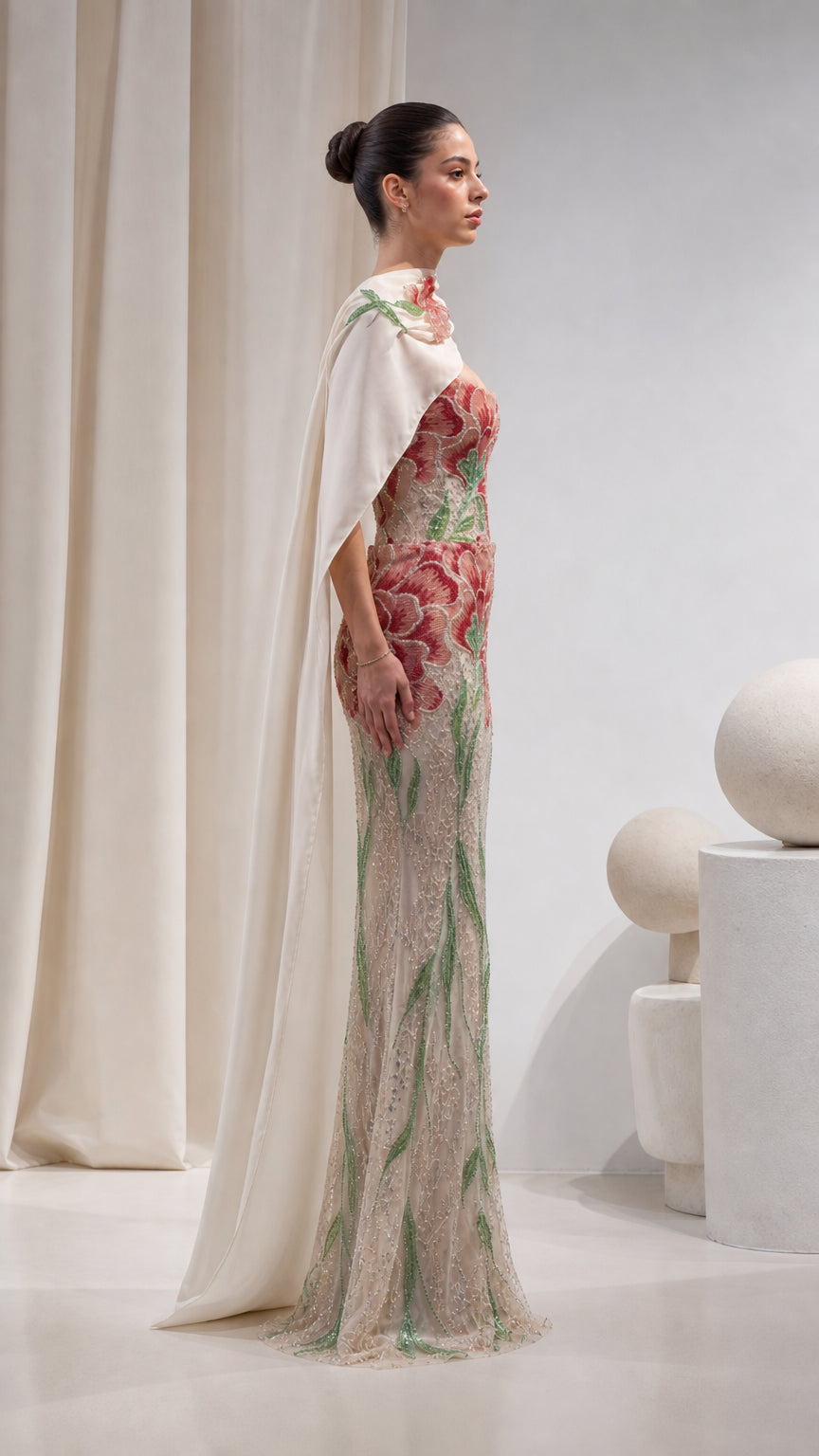 Floral Beaded Strapless Mermaid Evening Gown with Draped Cape