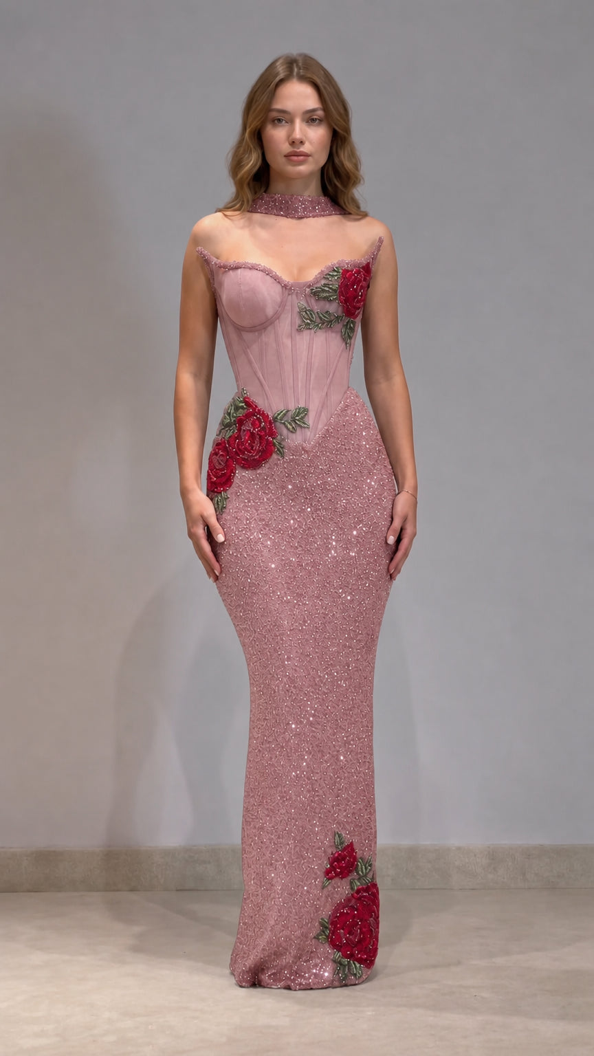 Embroidered Rose Boned Corset Sequin Mermaid Evening Gown with Choker