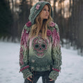 Women's Vintage Skull Flower Gradient Art Cozy Knitted Hooded Sweater