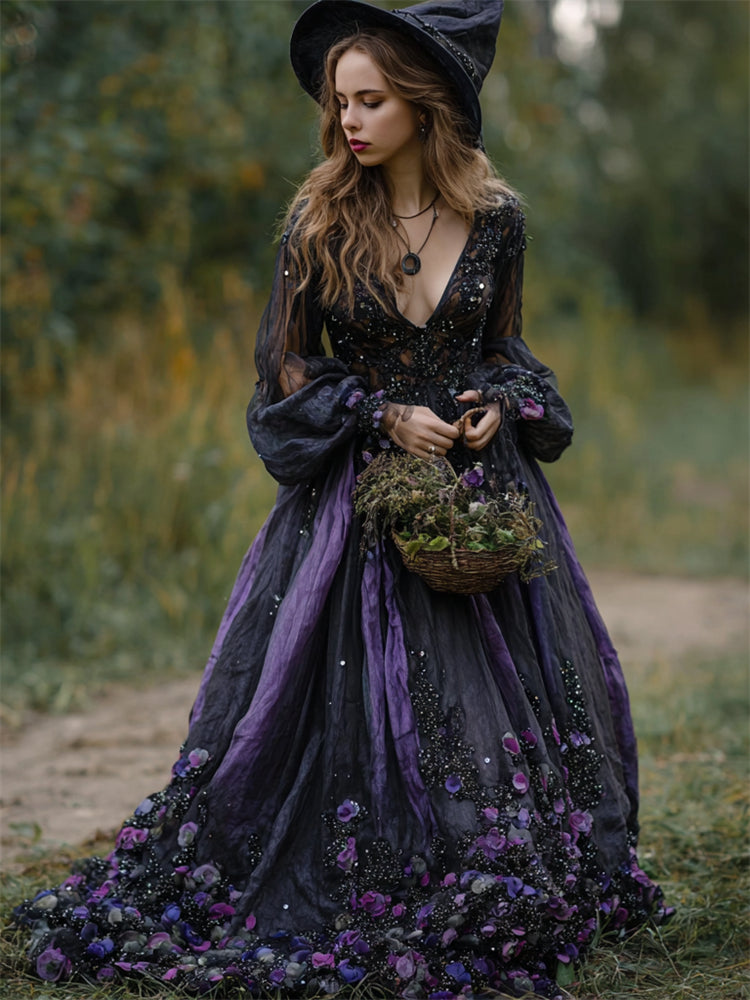 Classy Witch Purple Floral Glitter Embroidered Flowy Linen Dress