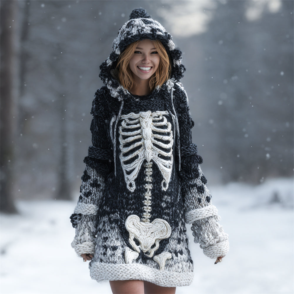 Day Of The Dead Skeleton Women's Chunky Knit Twist Hooded Sweater Dress