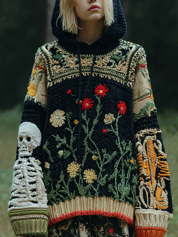 Women's Halloween Skull Floral Pattern Cozy Knit Hooded Sweater