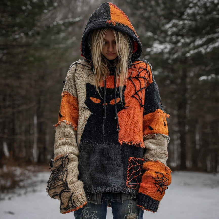 Women's Tribal Black Cat Patchwork Stitched Cozy Knit Hooded