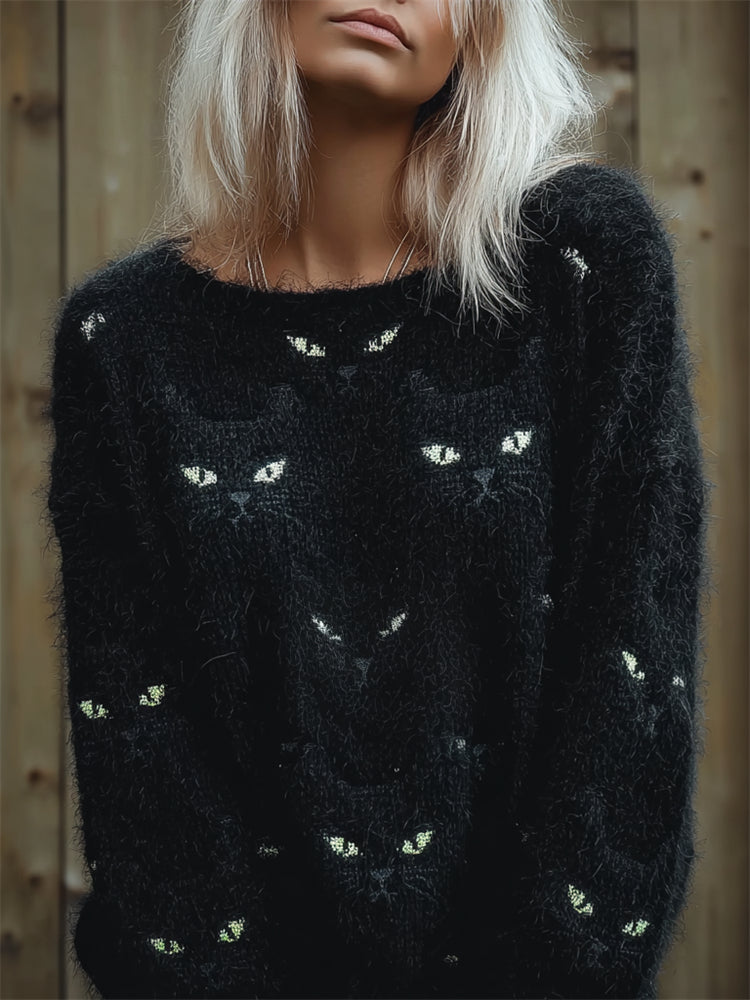 Black Cat Faces Fuzzy Cozy Knit Sweater