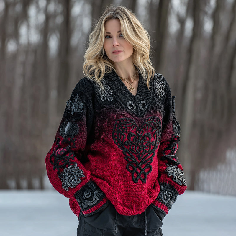 Women's Vintage Heart Art V Neck Cozy Knit Sweater