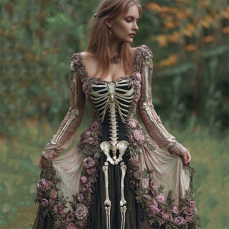 Vintage Skeleton Floral Fiber Art Flowy Linen Maxi Dress