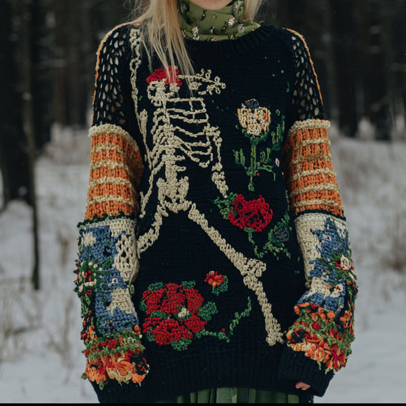 Women's Halloween Skull Floral Pattern Knitted Turtleneck Sweater