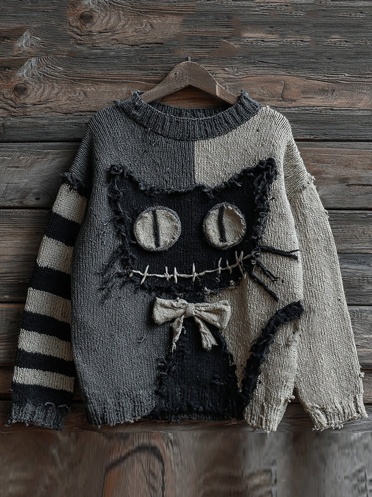 Halloween Black Cat Striped Knit Crew Neck Sweater