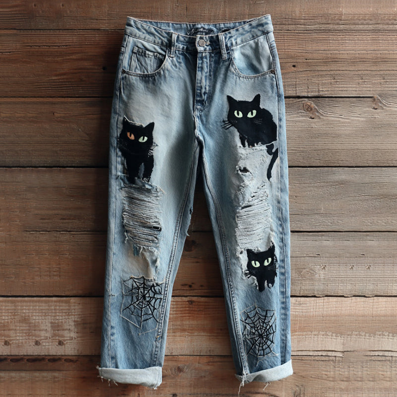 Women's Halloween Black Cats And Spiders Embroidery Vintage Washed Jeans