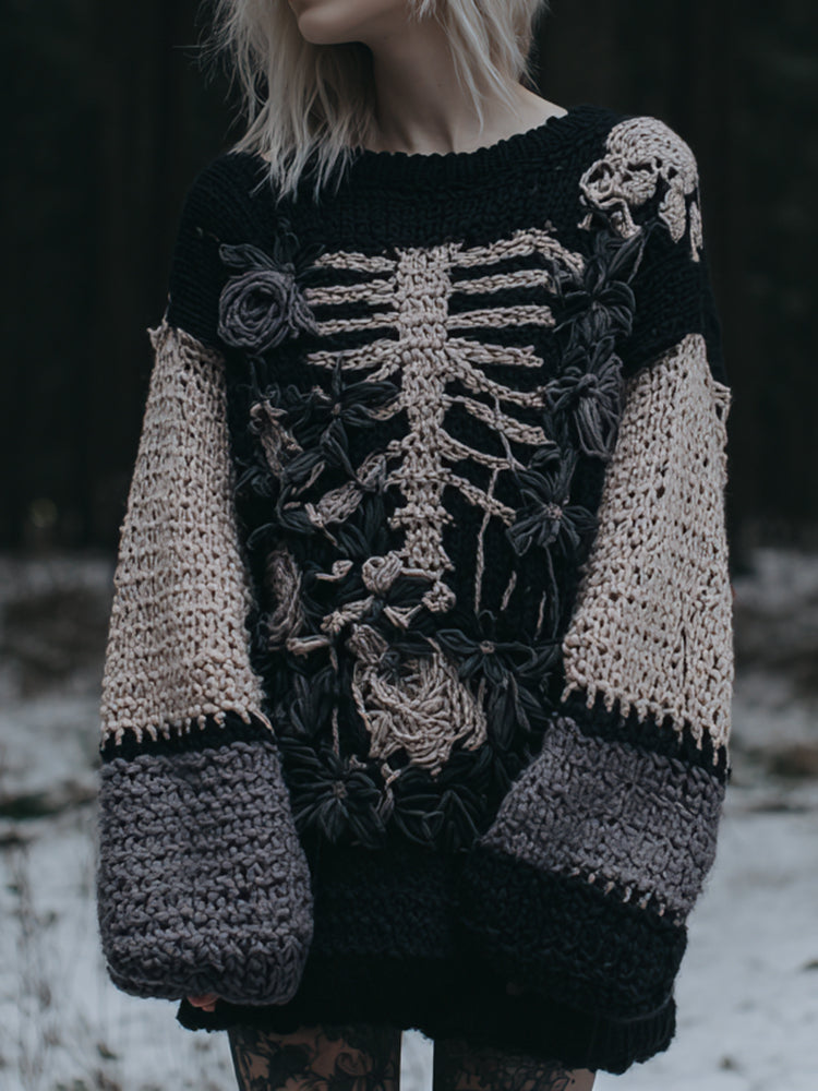 Women's Vintage Halloween Skull Floral Pattern Knit Pullover Sweater