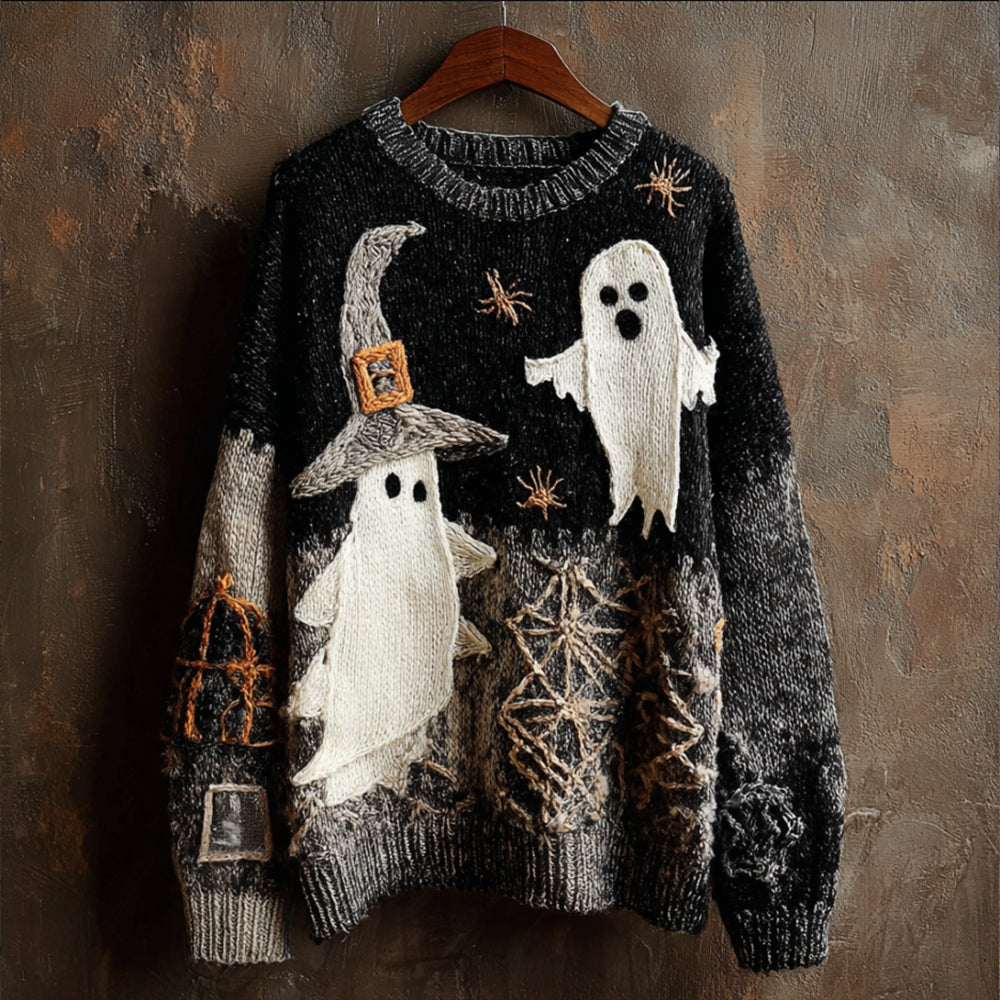 Halloween Screaming Ghost 3d Embroidery Vintage Gradient Round Neck Sweater