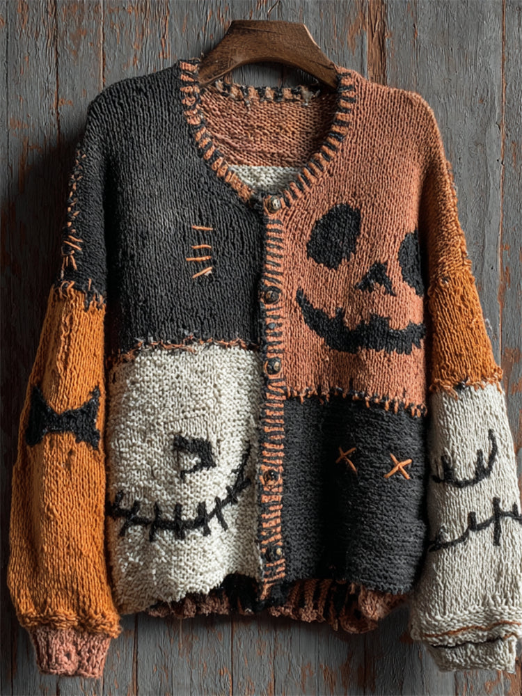 Halloween Pumpkin Face Colorblock Stitched Cozy Knit Cardigan