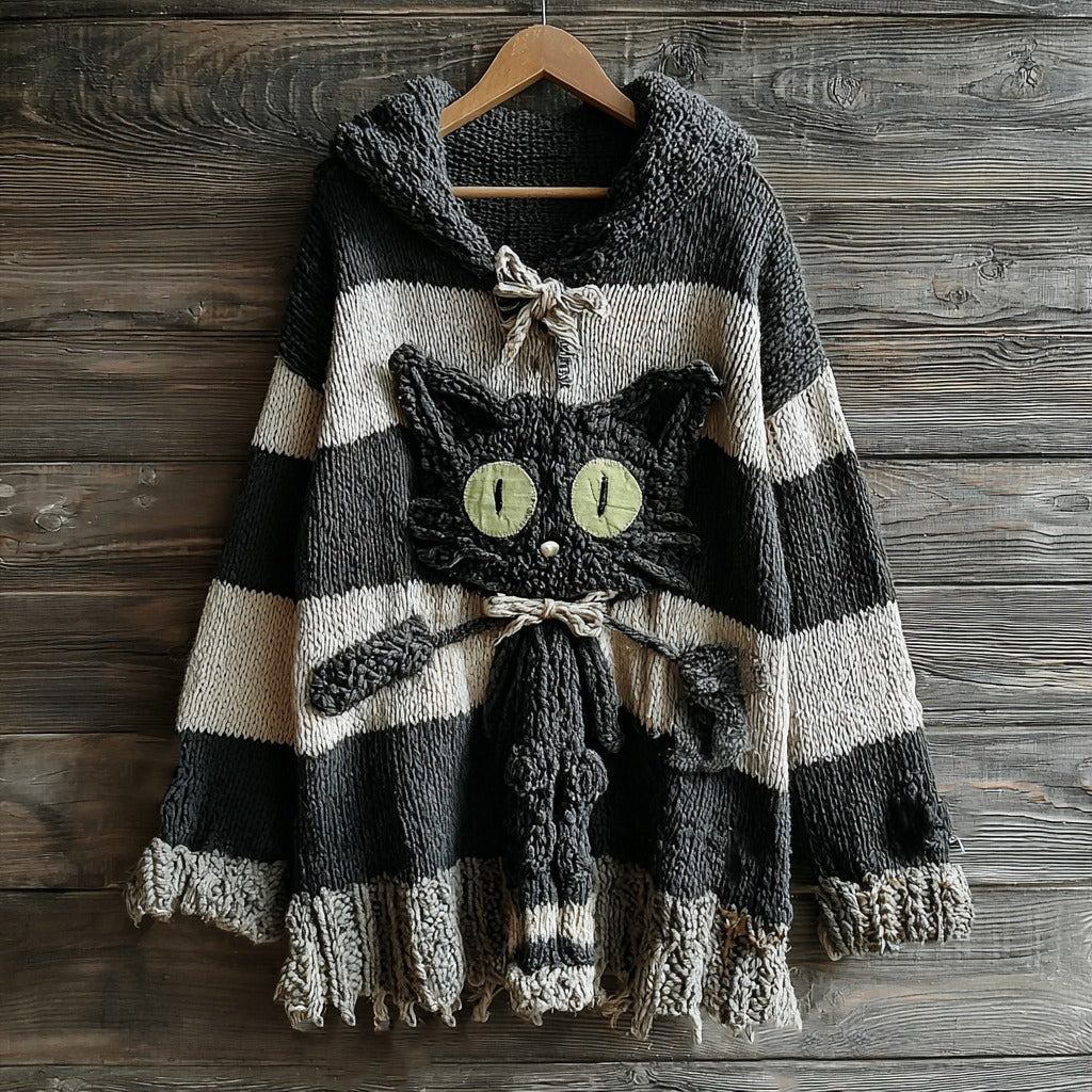 Halloween Cute Black Cat Striped Knitted Hooded Sweater