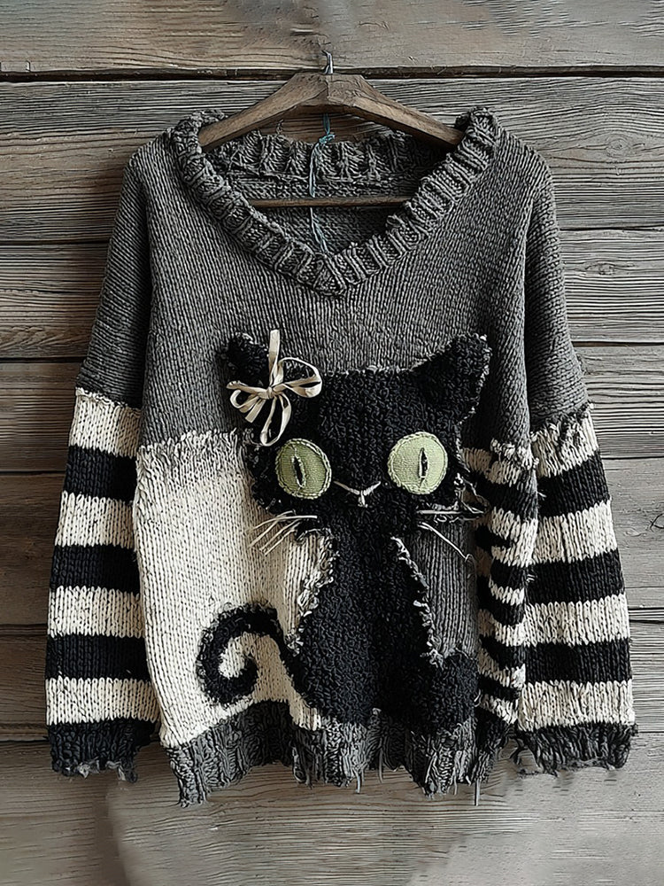 Halloween Black Cat Striped Patchwork Knitted V-neck Sweater