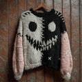Halloween Spook Faces Contrast Color Stitched Cozy Fuzzy Sweater