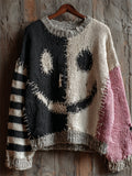 Halloween Spooky Face Contrast Stitched Cozy Knit Sweater