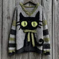 Halloween Black Cat Striped Knit V-neck Sweater