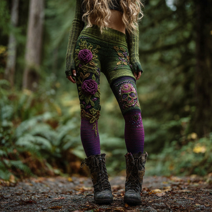 Women's Vintage Skull And Rose Patchwork Comfortable Leggings