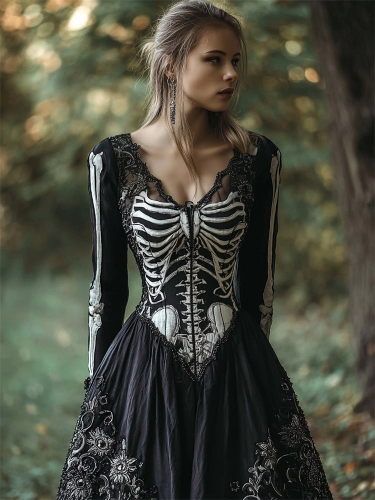 Vintage Skeleton Floral Beaded Linen Maxi Dress