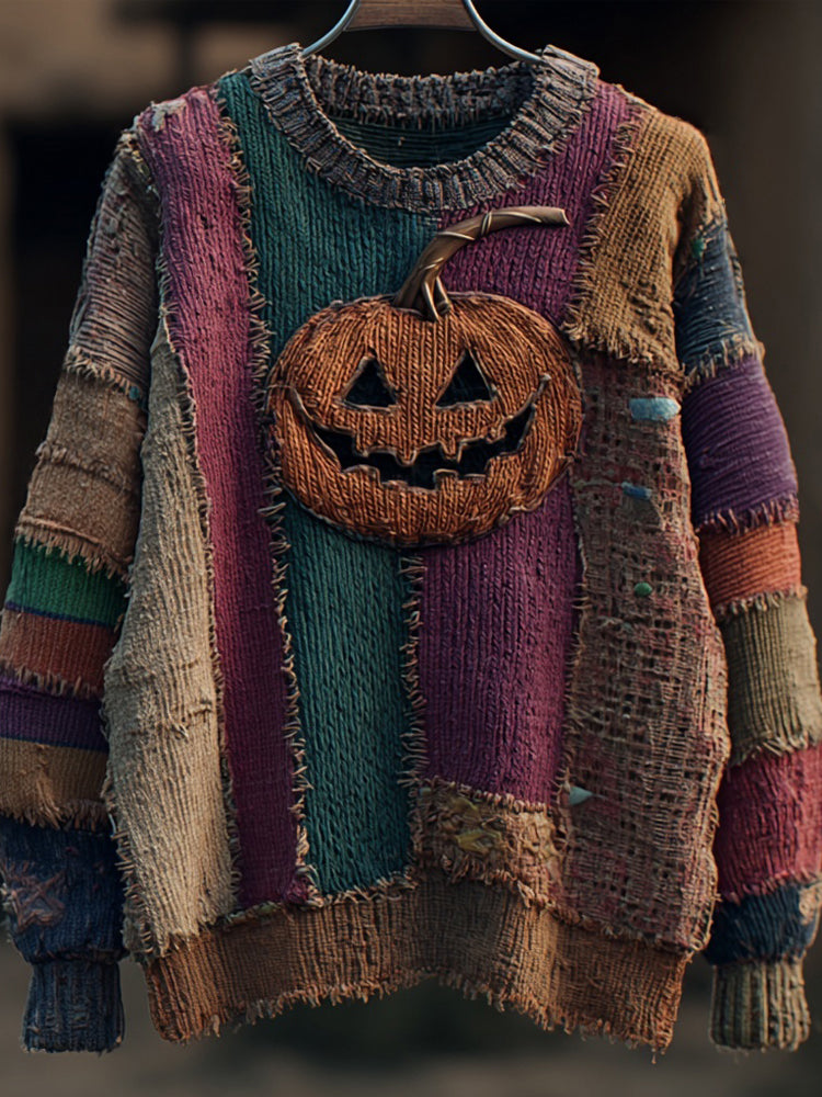 Spooky Pumpkin Face Embroidered Patchwork Cozy Sweater