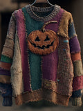 Spooky Pumpkin Face Embroidered Patchwork Cozy Sweater