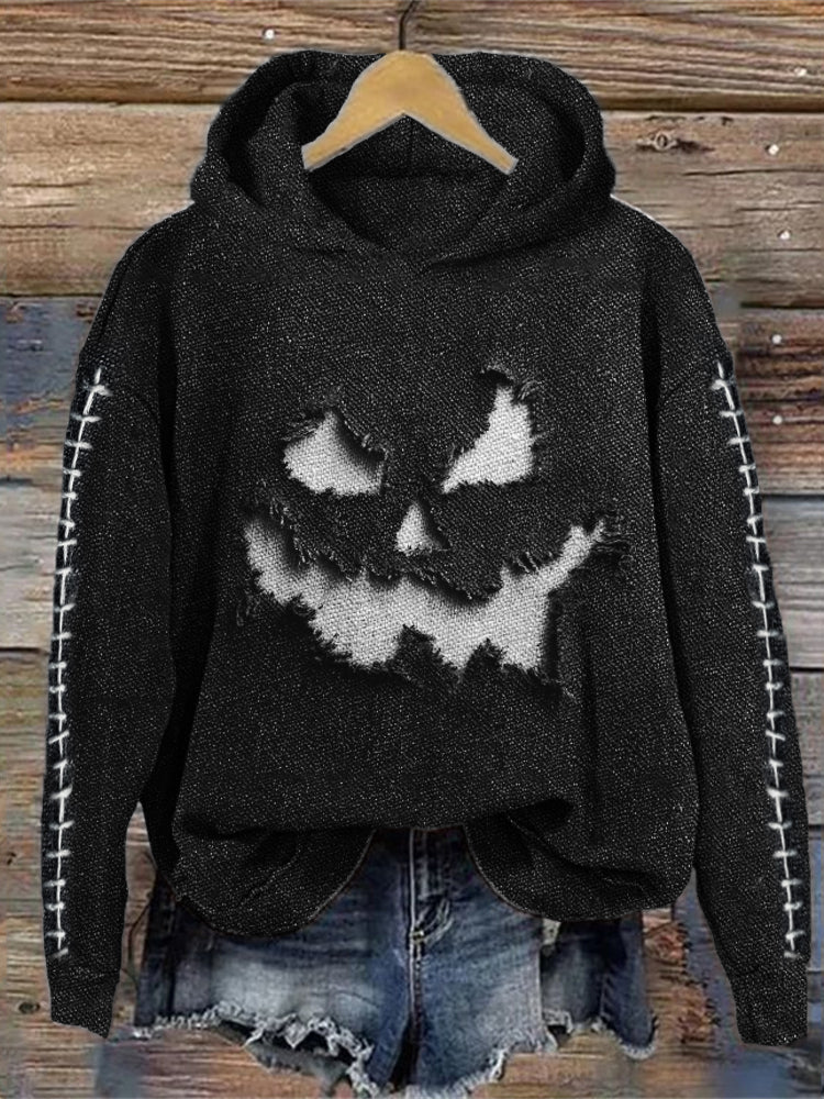 Halloween Pumpkin Face Frayed Stitched Embroidered Cozy Hoodie