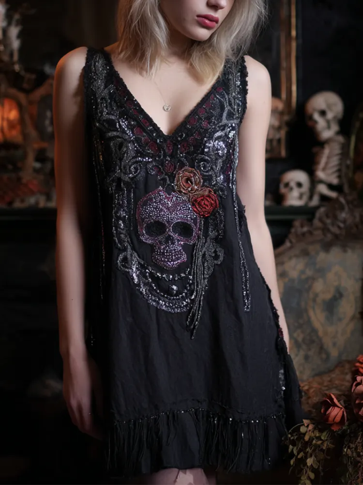 Halloween Skeleton Element V-neck Short Sleeve Dress