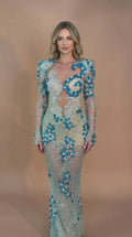 Rhinestone Embellished Illusion Long Sleeve Maxi Gown with Cutout Back