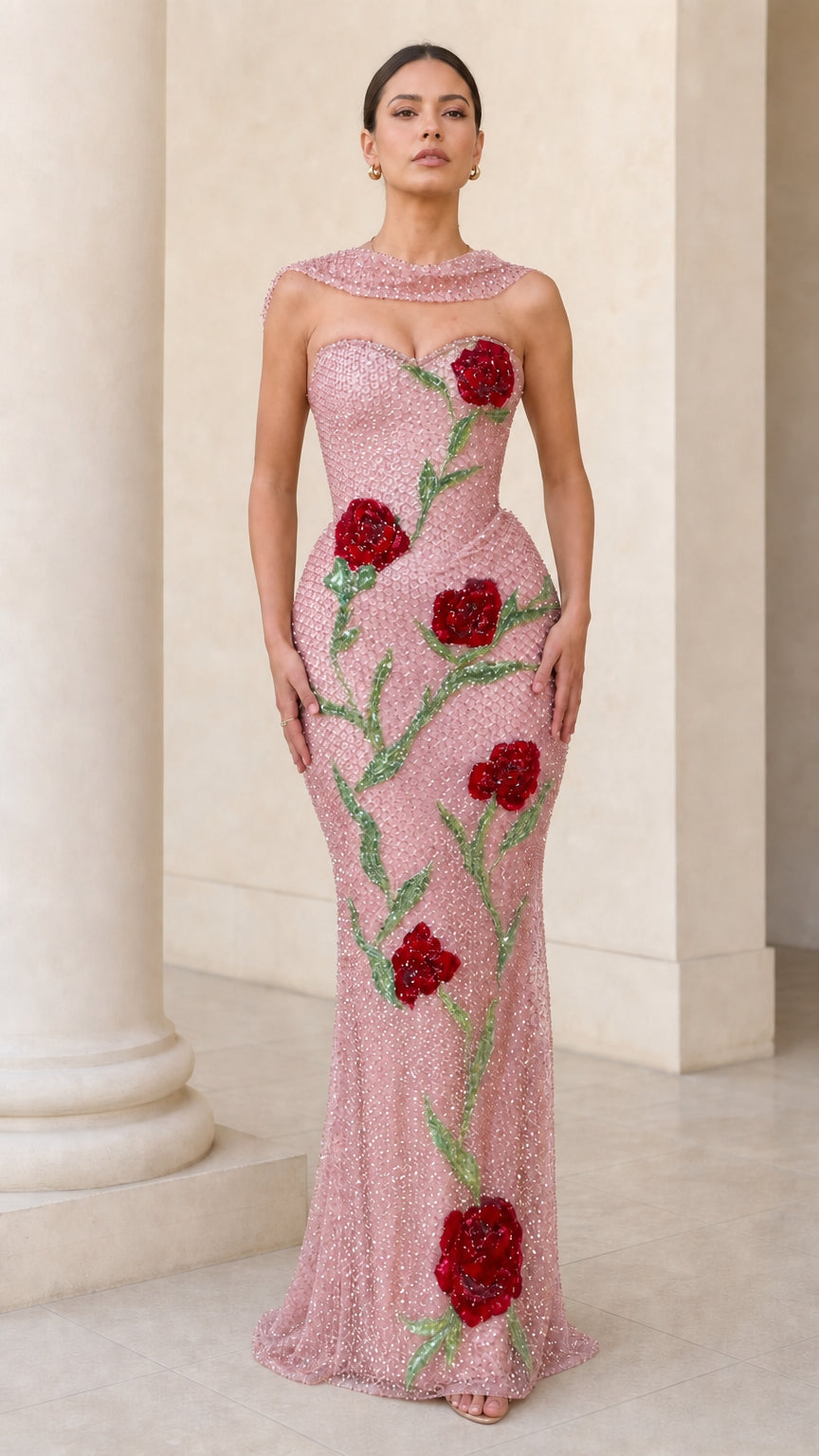 Embellished Floral Sequin Column Evening Gown with Neck Drape
