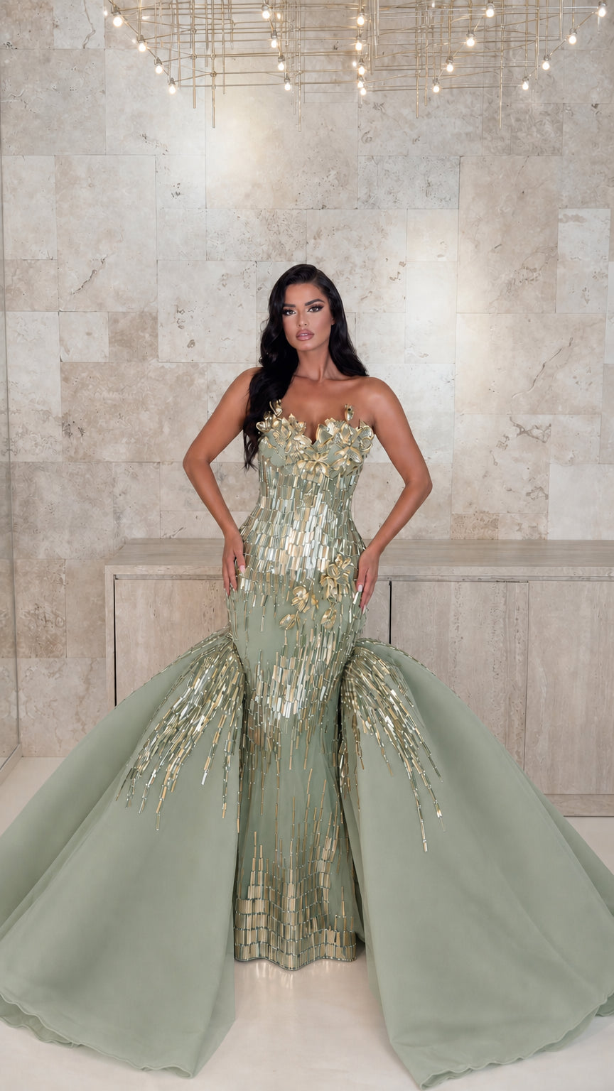 Strapless Beaded Mermaid Evening Gown with 3D Floral Accents and Dramatic Overskirt