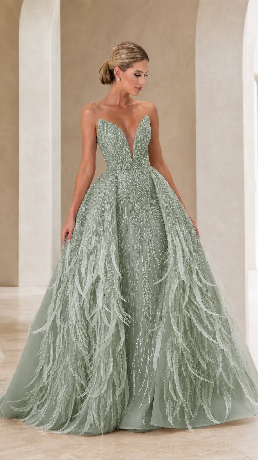 Strapless Plunging V-Neck Beaded Tulle Ball Gown with Feather Accents