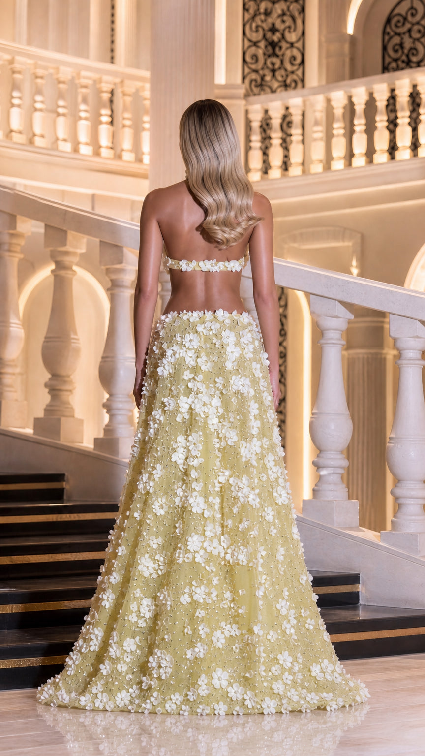 3D Floral Applique Halter Cutout Evening Gown