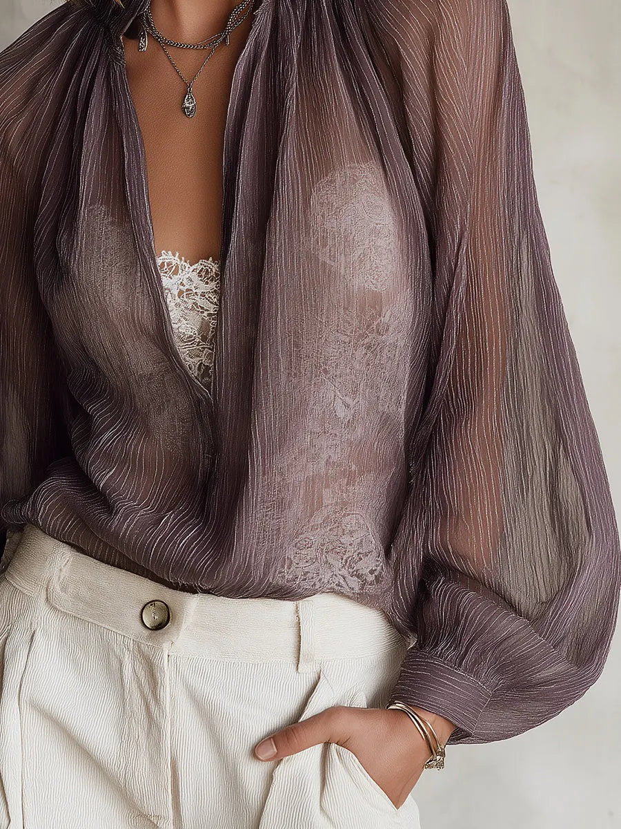Vintage-style Striped Lantern Sleeves Chiffon Blouse With A Lace Lining