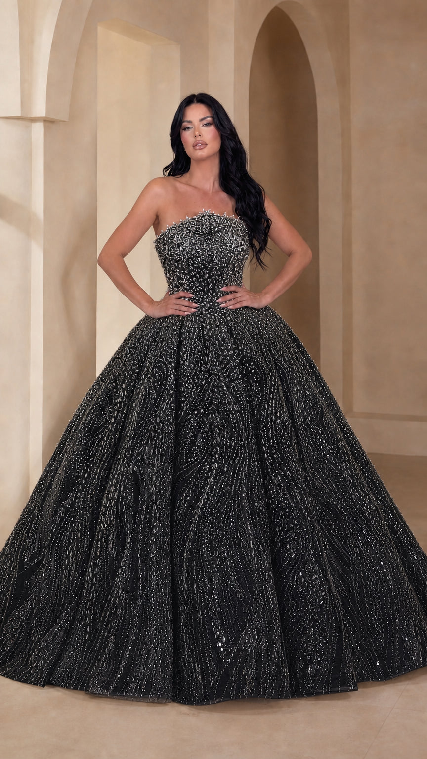 Strapless Glitter Sequin Ball Gown Evening Dress with Embellished Bodice