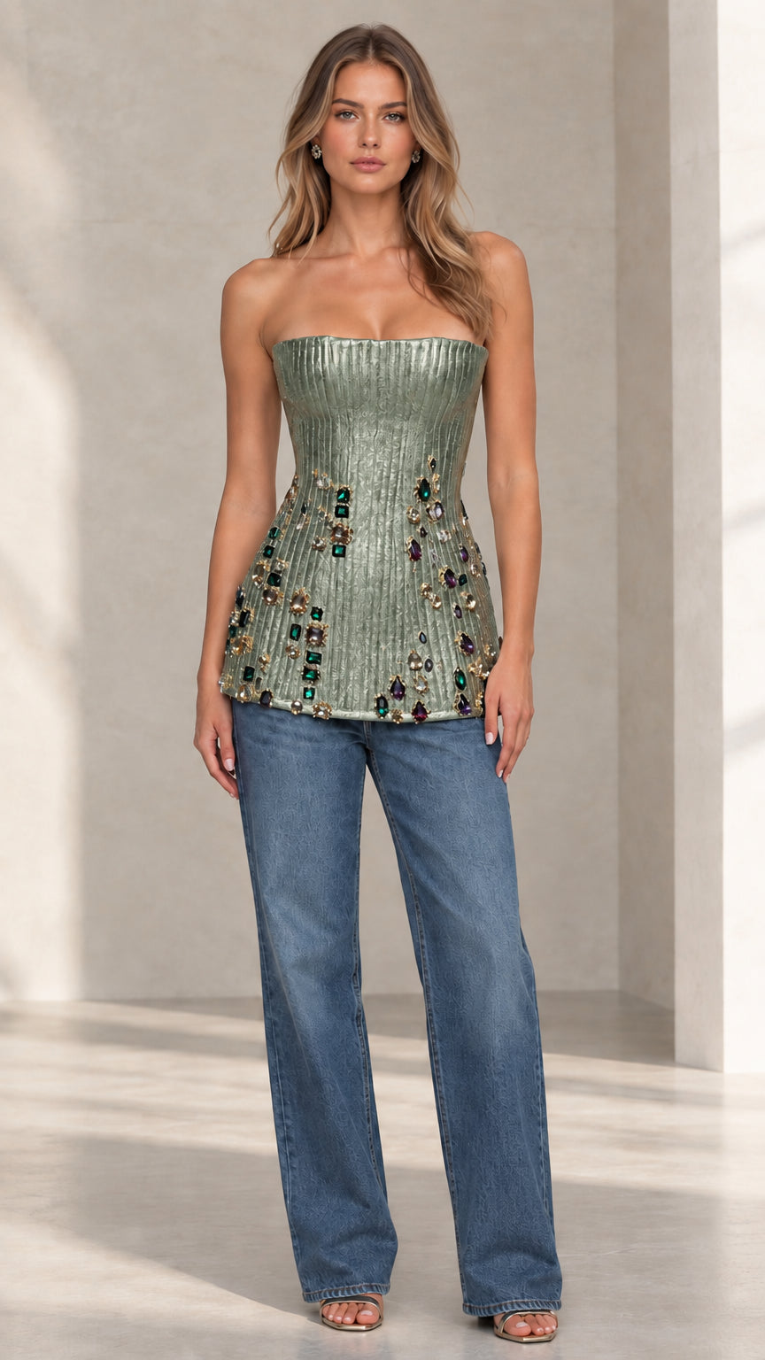 Strapless Metallic Pleated Embellished Corset Top