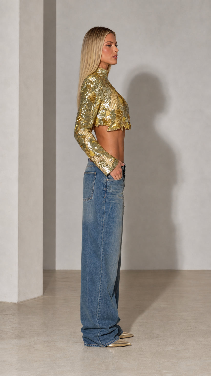 High Neck Sequin Cropped Top with Scalloped Hem