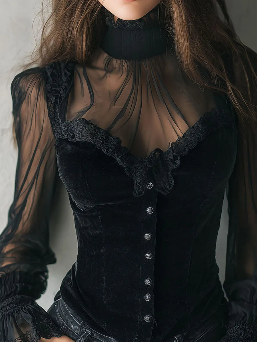 Gothic Lace Trim Black Velvet Corset Blouse With Sheer Sleeves