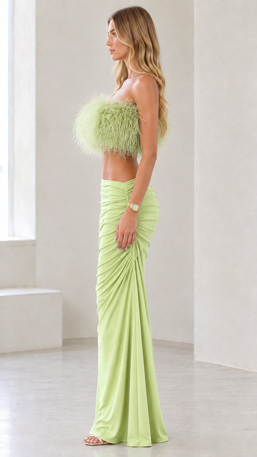 Feather Crop Top and Ruched Maxi Skirt Two-Piece Evening Set
