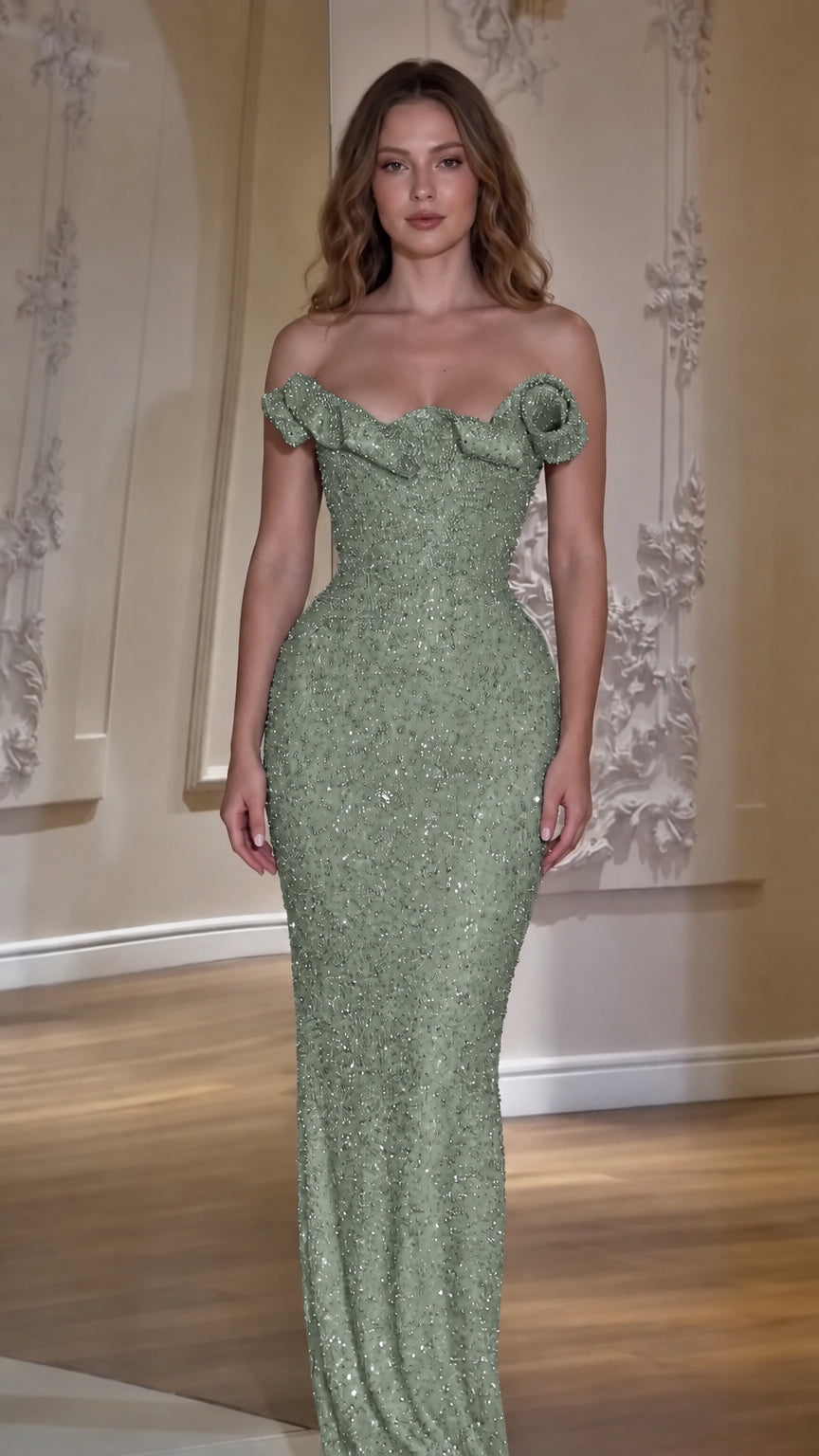 Off-The-Shoulder Beaded Rosette Evening Gown