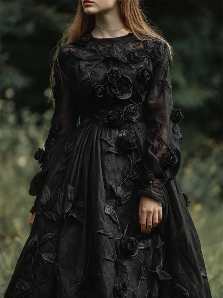 Vintage Gothic Black Roses Flowy Linen Dress