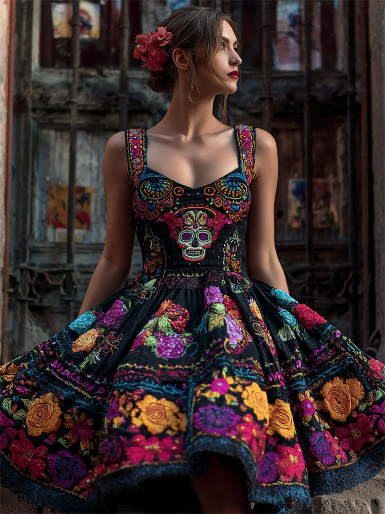 Day Of The Dead Sugar Skull Glitter Floral Embroidered Linen Dress