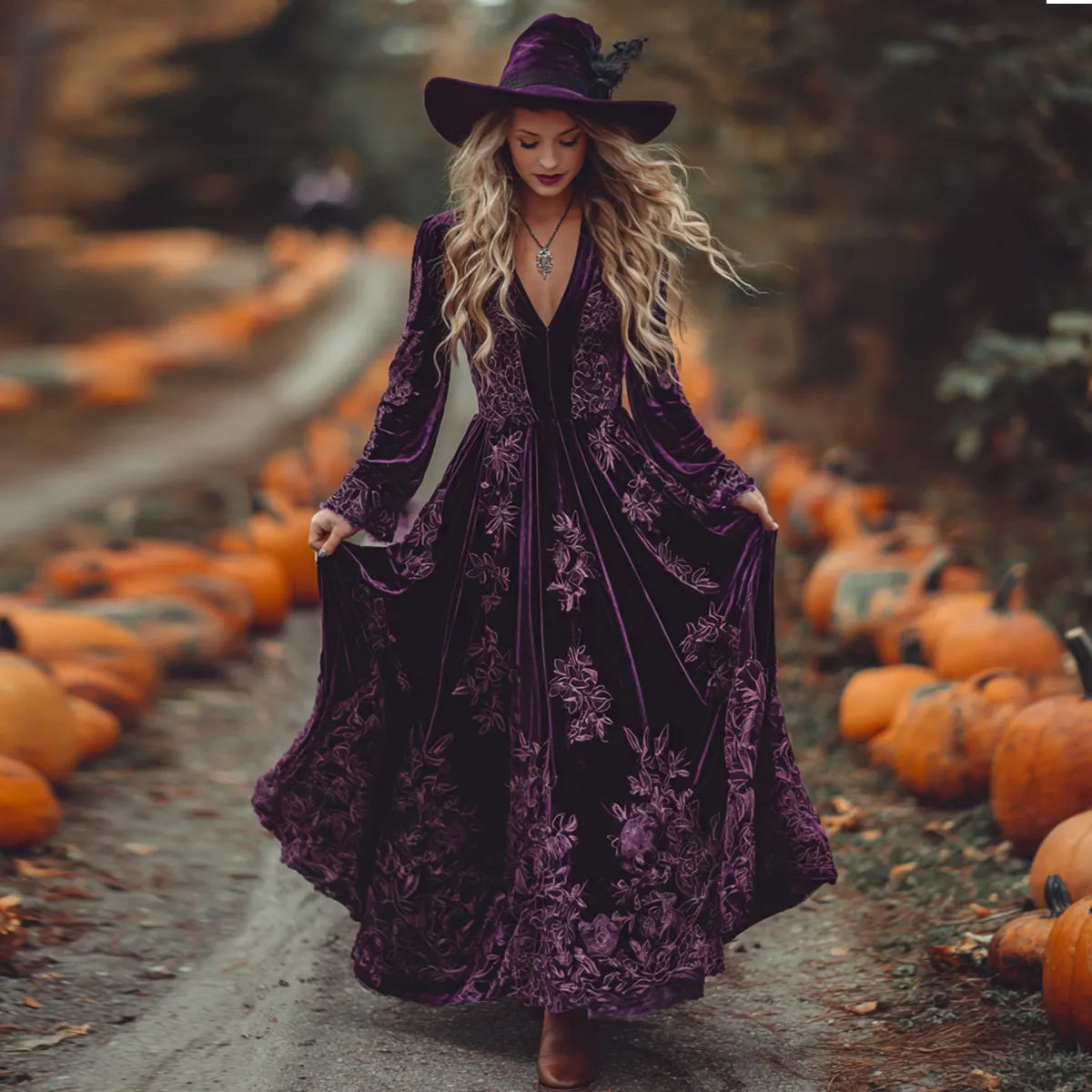 Women's  Vintage Halloween Floral Art Comfy Velvet Maxi Dress