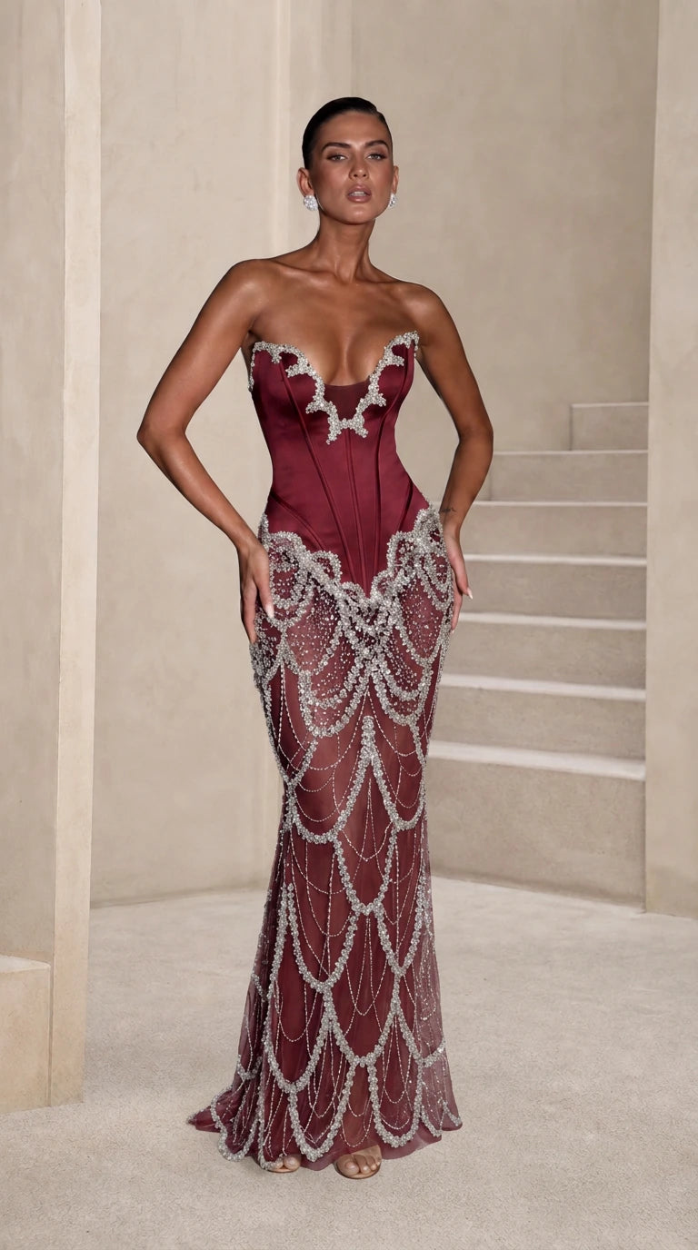 Strapless Beaded Corset Mermaid Evening Gown with Crystal Draping