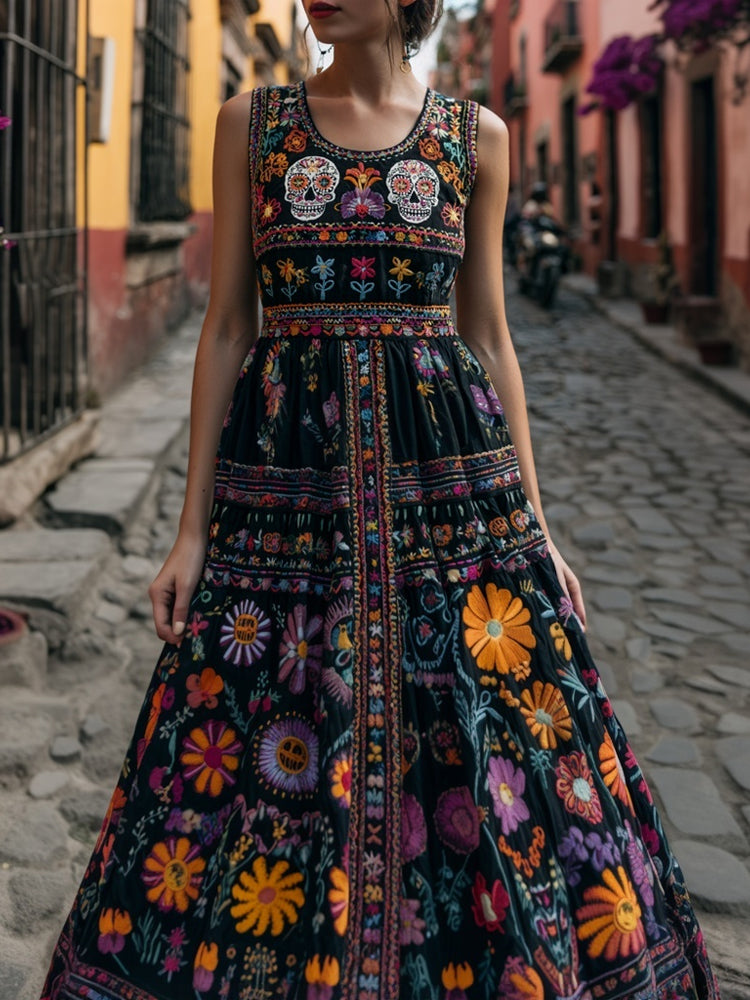 Day Of The Dead Sugar Skulls Floral Embroidered Linen Maxi Dress