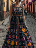 Day Of The Dead Sugar Skulls Floral Embroidered Linen Maxi Dress