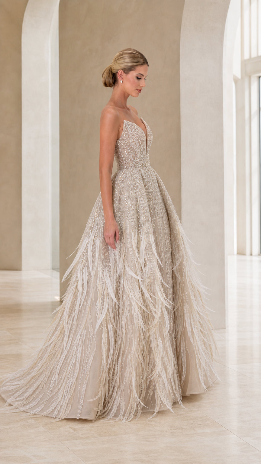 Strapless Plunging V-Neck Beaded Tulle Ball Gown with Feather Accents