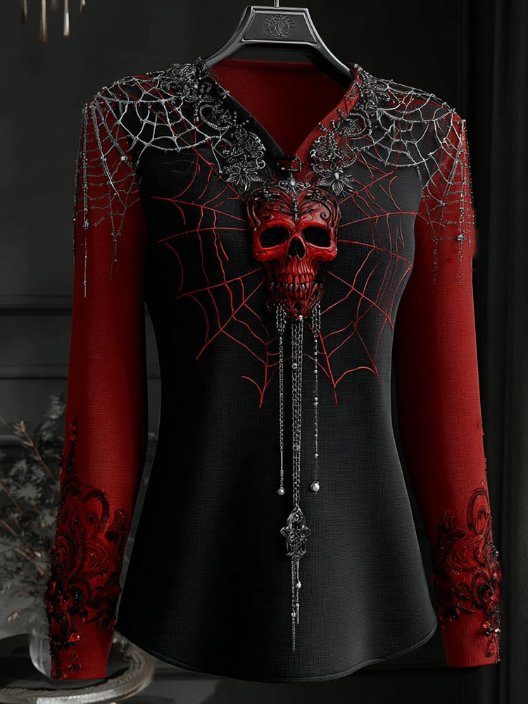 Women's Vintage Halloween Skull And Spider Web Graphic V-neck T-shirt