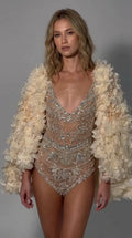 Rhinestone Embellished Bodysuit with 3D Floral Appliqué Cape Set